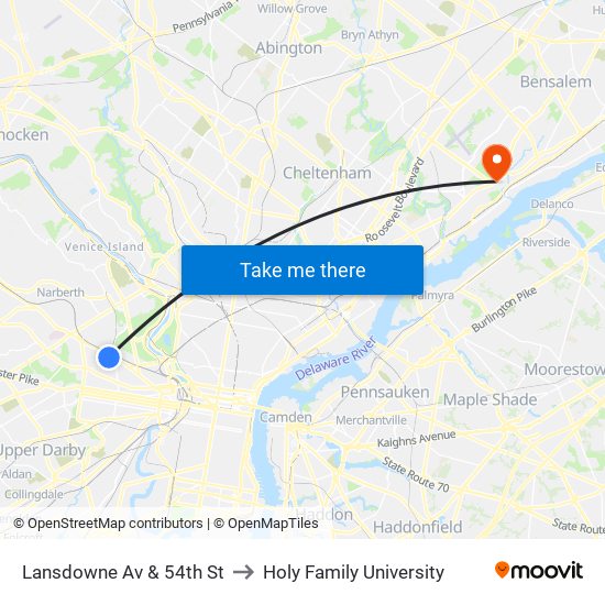 Lansdowne Av & 54th St to Holy Family University map