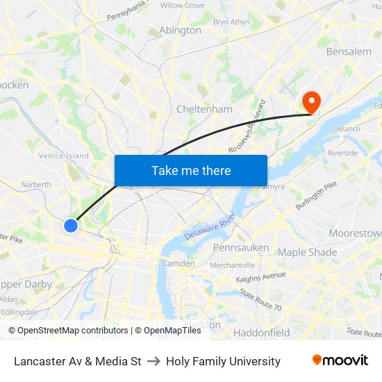 Lancaster Av & Media St to Holy Family University map