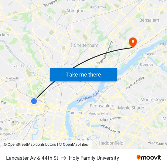 Lancaster Av & 44th St to Holy Family University map