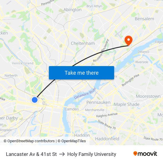Lancaster Av & 41st St to Holy Family University map
