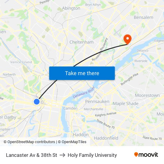 Lancaster Av & 38th St to Holy Family University map