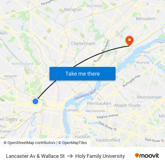 Lancaster Av & Wallace St to Holy Family University map