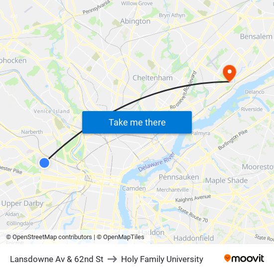 Lansdowne Av & 62nd St to Holy Family University map