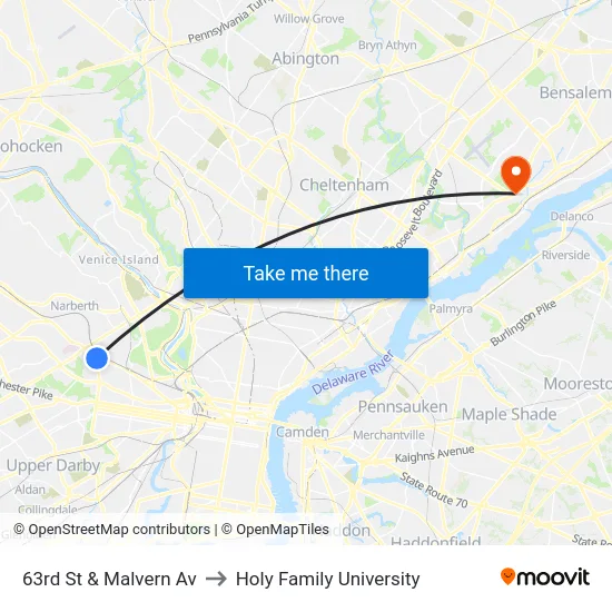 63rd St & Malvern Av to Holy Family University map