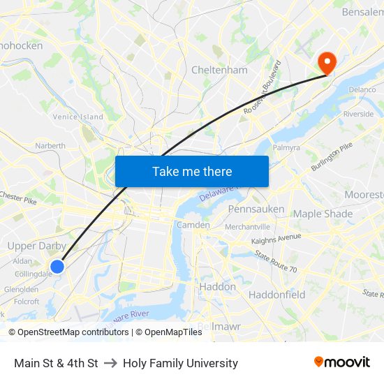 Main St & 4th St to Holy Family University map