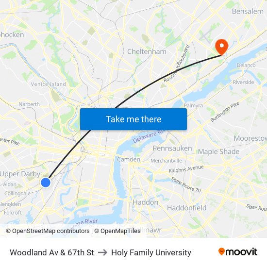 Woodland Av & 67th St to Holy Family University map