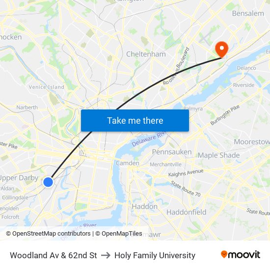 Woodland Av & 62nd St to Holy Family University map