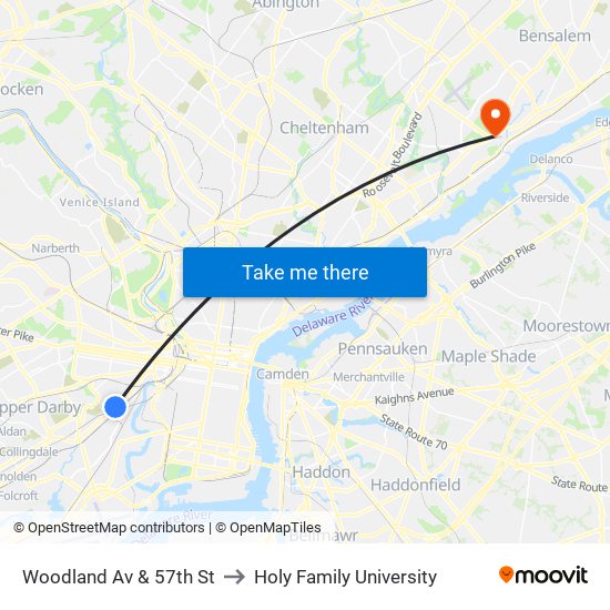 Woodland Av & 57th St to Holy Family University map
