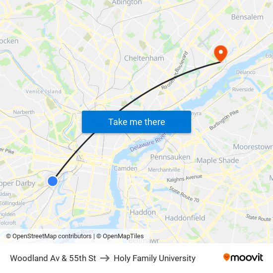 Woodland Av & 55th St to Holy Family University map