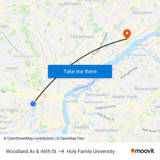 Woodland Av & 46th St to Holy Family University map