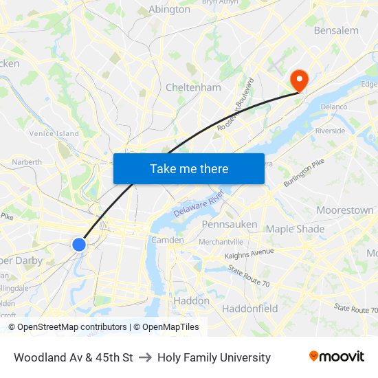 Woodland Av & 45th St to Holy Family University map