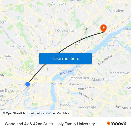 Woodland Av & 42nd St to Holy Family University map