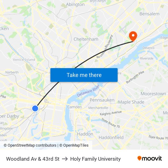 Woodland Av & 43rd St to Holy Family University map
