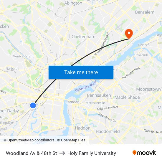 Woodland Av & 48th St to Holy Family University map