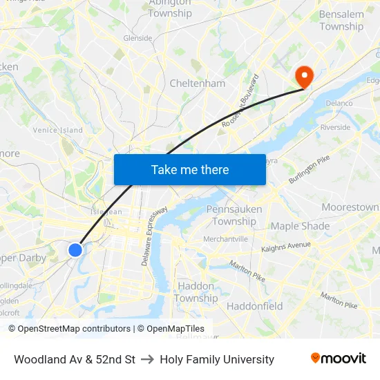 Woodland Av & 52nd St to Holy Family University map