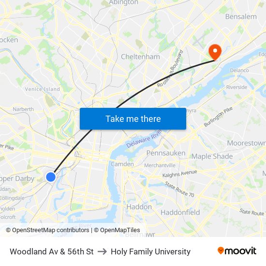 Woodland Av & 56th St to Holy Family University map
