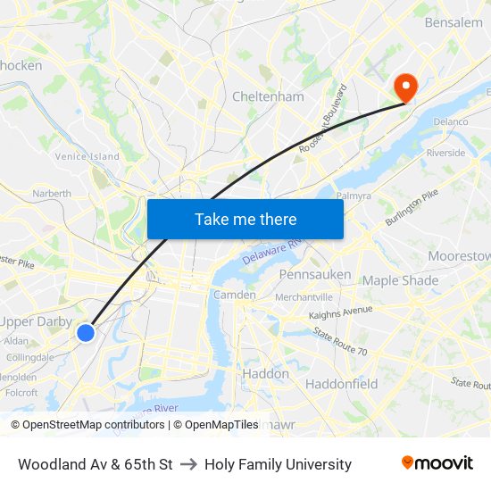 Woodland Av & 65th St to Holy Family University map