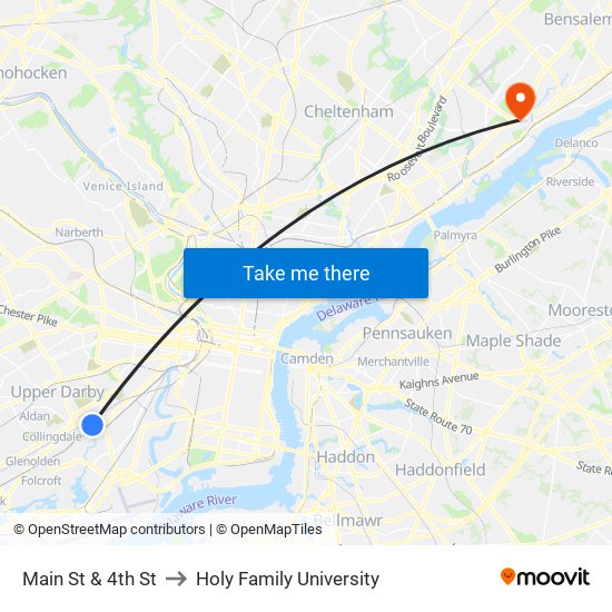 Main St & 4th St to Holy Family University map