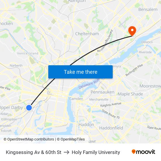 Kingsessing Av & 60th St to Holy Family University map