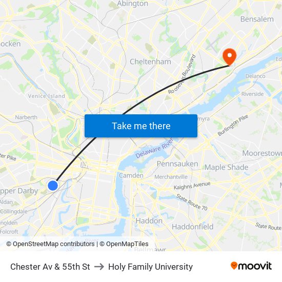 Chester Av & 55th St to Holy Family University map