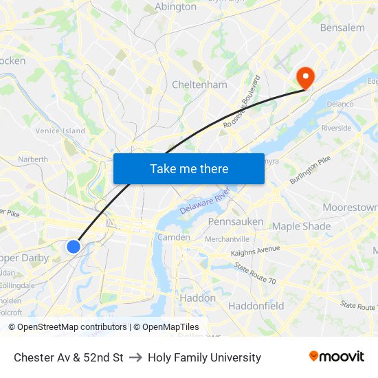 Chester Av & 52nd St to Holy Family University map
