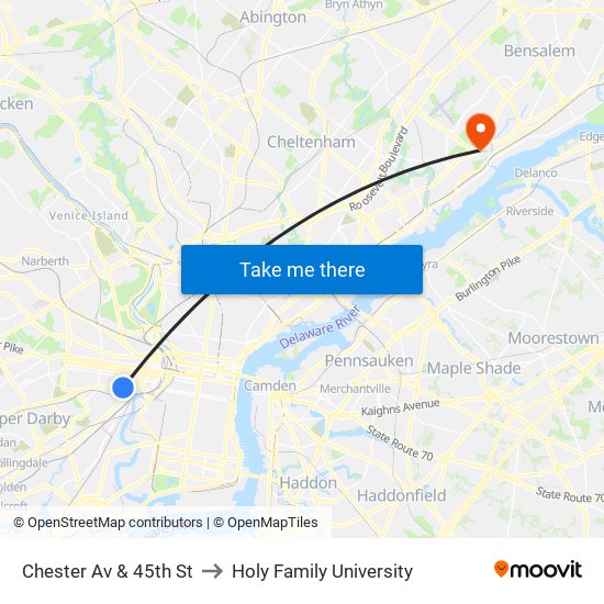 Chester Av & 45th St to Holy Family University map