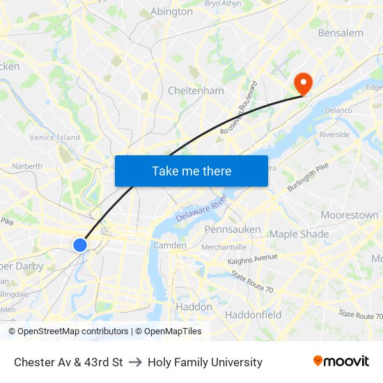 Chester Av & 43rd St to Holy Family University map