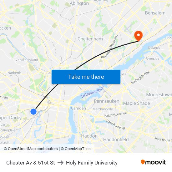 Chester Av & 51st St to Holy Family University map