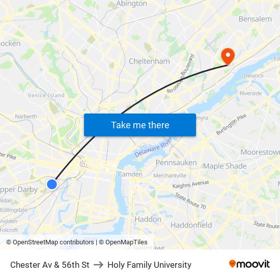 Chester Av & 56th St to Holy Family University map