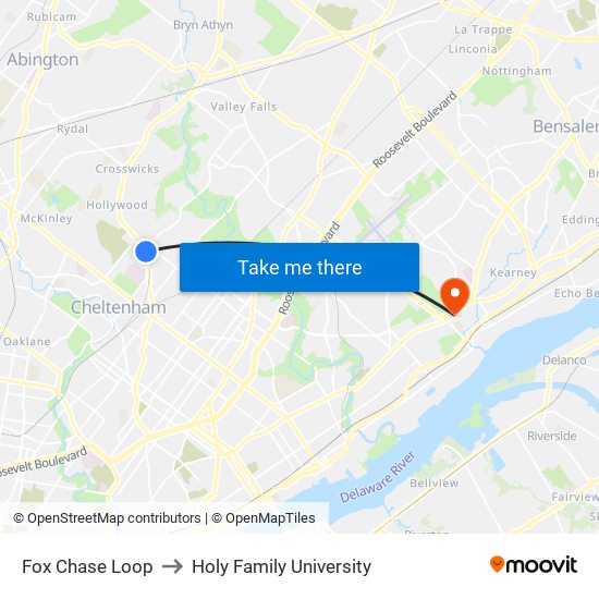 Fox Chase Loop to Holy Family University map