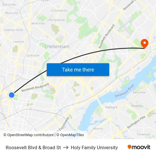Roosevelt Blvd & Broad St to Holy Family University map