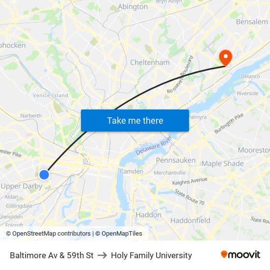 Baltimore Av & 59th St to Holy Family University map
