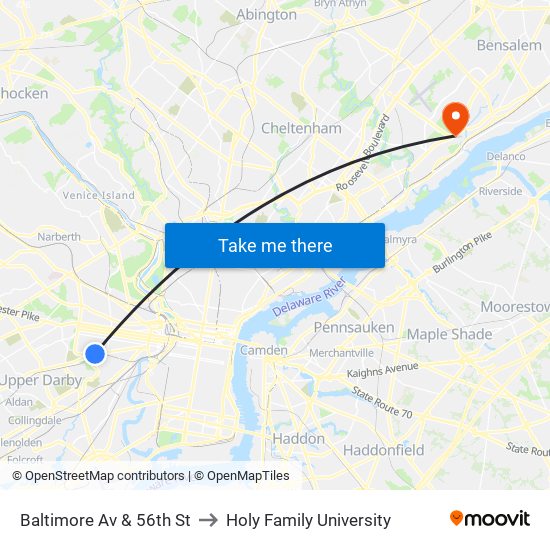 Baltimore Av & 56th St to Holy Family University map