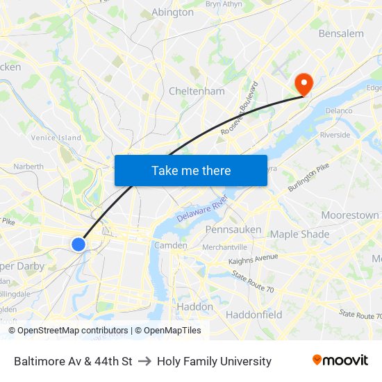 Baltimore Av & 44th St to Holy Family University map