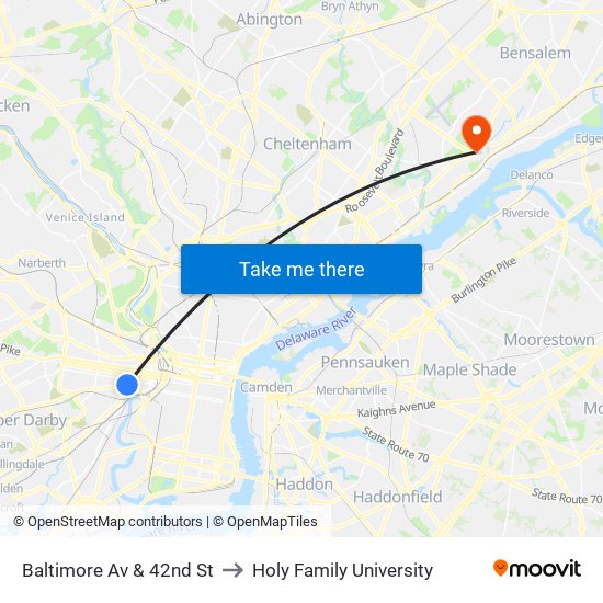 Baltimore Av & 42nd St to Holy Family University map
