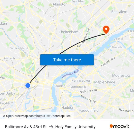 Baltimore Av & 43rd St to Holy Family University map