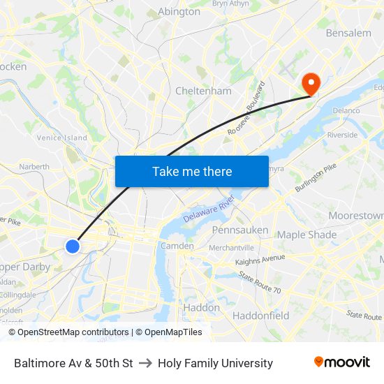 Baltimore Av & 50th St to Holy Family University map