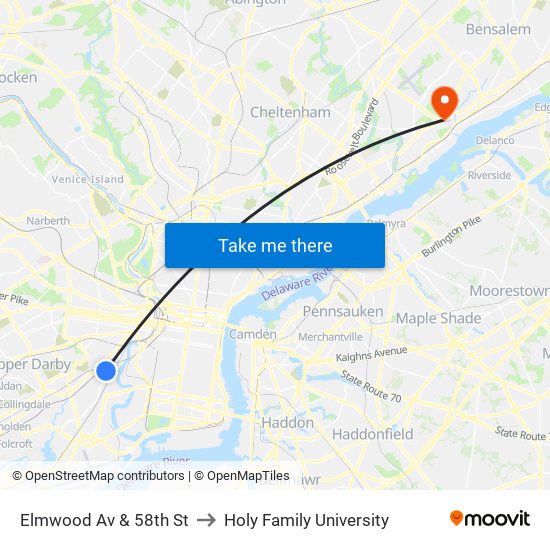 Elmwood Av & 58th St to Holy Family University map