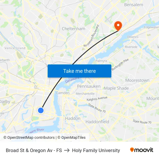 Broad St & Oregon Av - FS to Holy Family University map