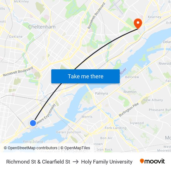 Richmond St & Clearfield St to Holy Family University map