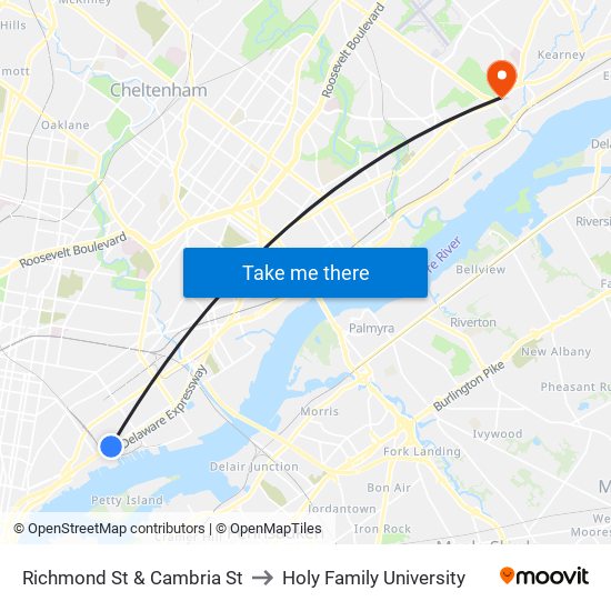 Richmond St & Cambria St to Holy Family University map