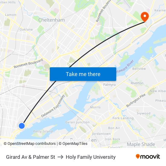 Girard Av & Palmer St to Holy Family University map