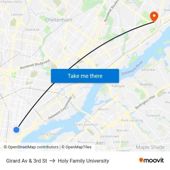 Girard Av & 3rd St to Holy Family University map