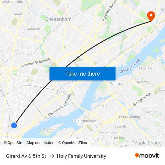 Girard Av & 5th St to Holy Family University map