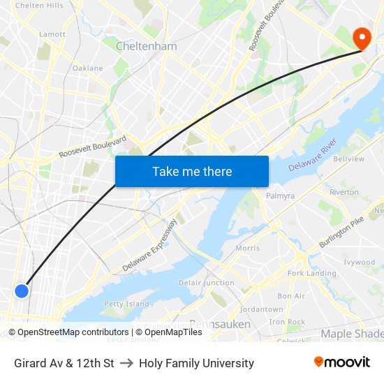 Girard Av & 12th St to Holy Family University map