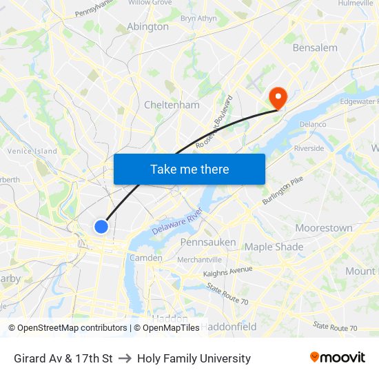 Girard Av & 17th St to Holy Family University map