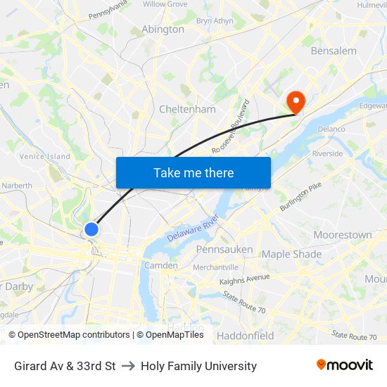 Girard Av & 33rd St to Holy Family University map
