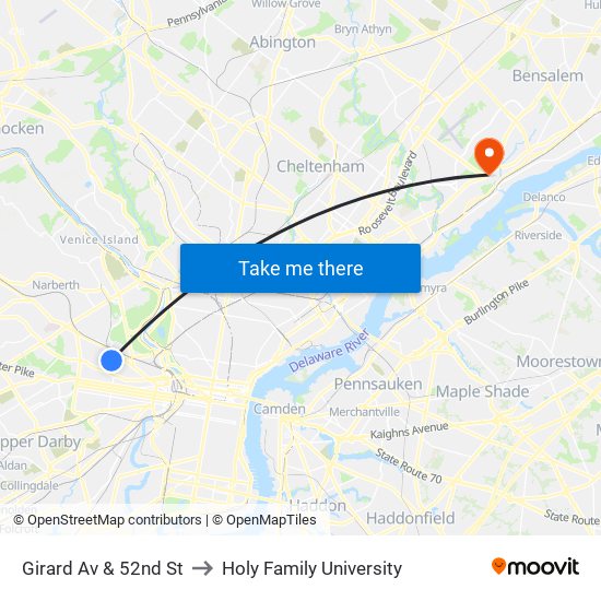 Girard Av & 52nd St to Holy Family University map