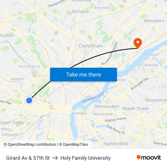 Girard Av & 57th St to Holy Family University map