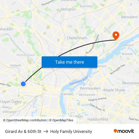 Girard Av & 60th St to Holy Family University map